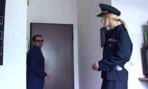 Blonde in uniform fucking in black stockings